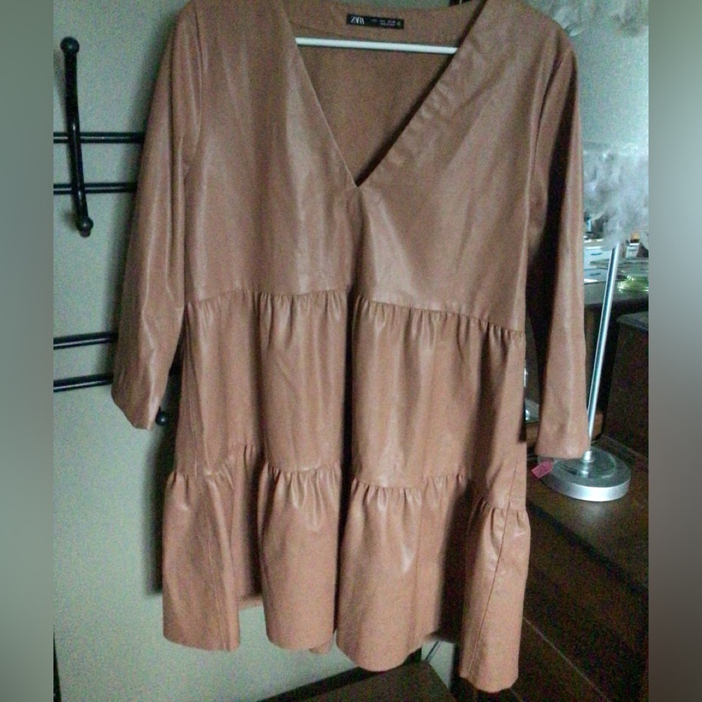 Zara Faux Leather 3/4 Sleeve Mini Dress
